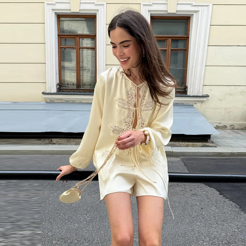 Satin Lace Patchwork Shirt Shorts Suit Women V-neck Full Sleeve Hollow Out Lace Up Shirts Shorts Set 2026 Summer Casual Outfits