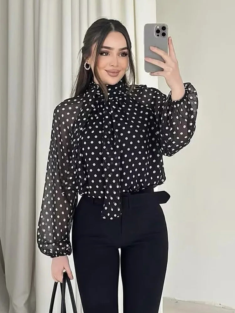 Women Polka Dot Print Blouse Casual High Collar Long Sleeve Lady Top Simple Women's Blouse Female Shirts & Blouses