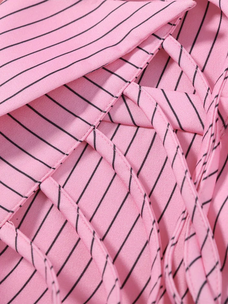 Chic Women Striped Shirt Lace Up Lapel Ruffles Long Seeve Covered Buttons Female Blouse Fashion Solid Office Outwear 2026 Spring
