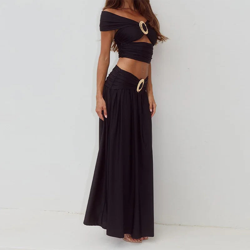 Sexy Olive Green Maxi Skirt Two Piece Set Women Y2k Pleated Off Shoulder Crop Top High Waist Metal Buckle Beach Vacation Outfits