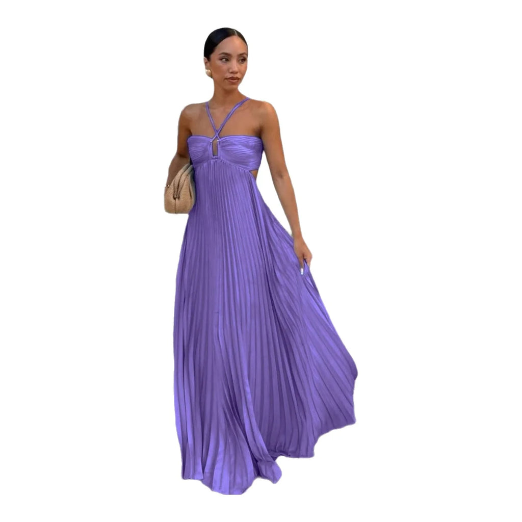 Summer 2025 Elegant Pure Color Strapless Pleated Midi Dress V-neck High-waisted Sleeveless Polyester Long Dress