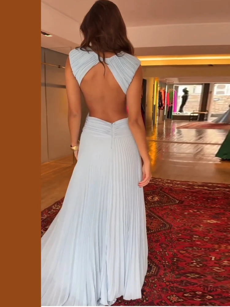 Pleated Sleeveless Backless Dress