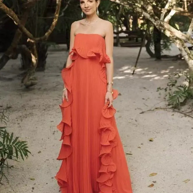 Ingrid Ruffle Trim Pleated Maxi Dress
