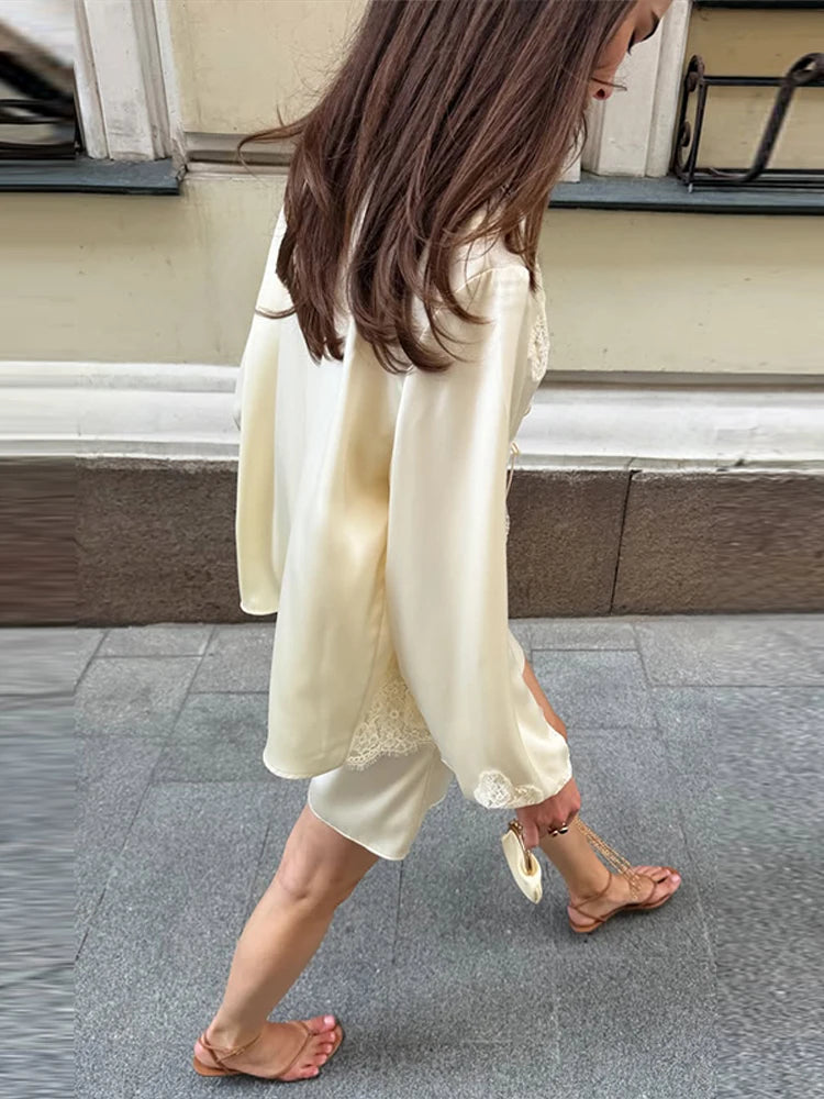 Satin Lace Patchwork Shirt Shorts Suit Women V-neck Full Sleeve Hollow Out Lace Up Shirts Shorts Set 2026 Summer Casual Outfits