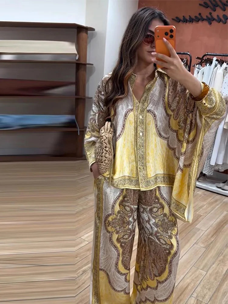Paisley Print 2 Piece Set Batwing Long Sleeve Collared Button Down Blouse High Waist Wide Leg Trousers 2026 Summer Fashion Suit
