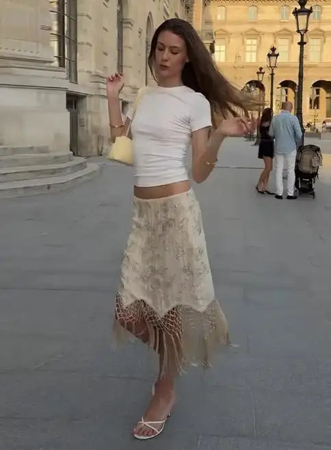 Women's Embroidery Tassel Mini Skirt Chic Patchwork Low Waist Irregular Tassel Skirts 2026 Summer Vacation Casual Street Outfits