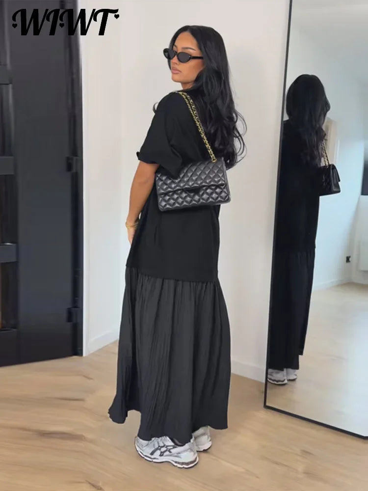 Loose Patchwork Women's Pleated Dresses Fashion Short Sleeve O-neck Long Robes 2026 Summer New Female Elegant Casual Dress