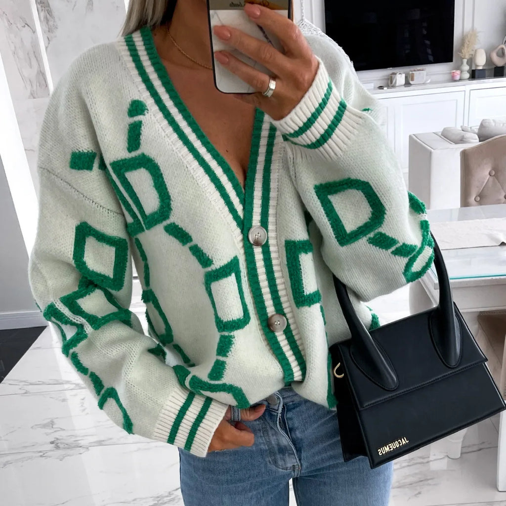Autumn Winter Jacquard Knitted Coat Women Fashion V-neck Long Sleeve Single Breasted Knitting Cardigan Coats Female Streetwear