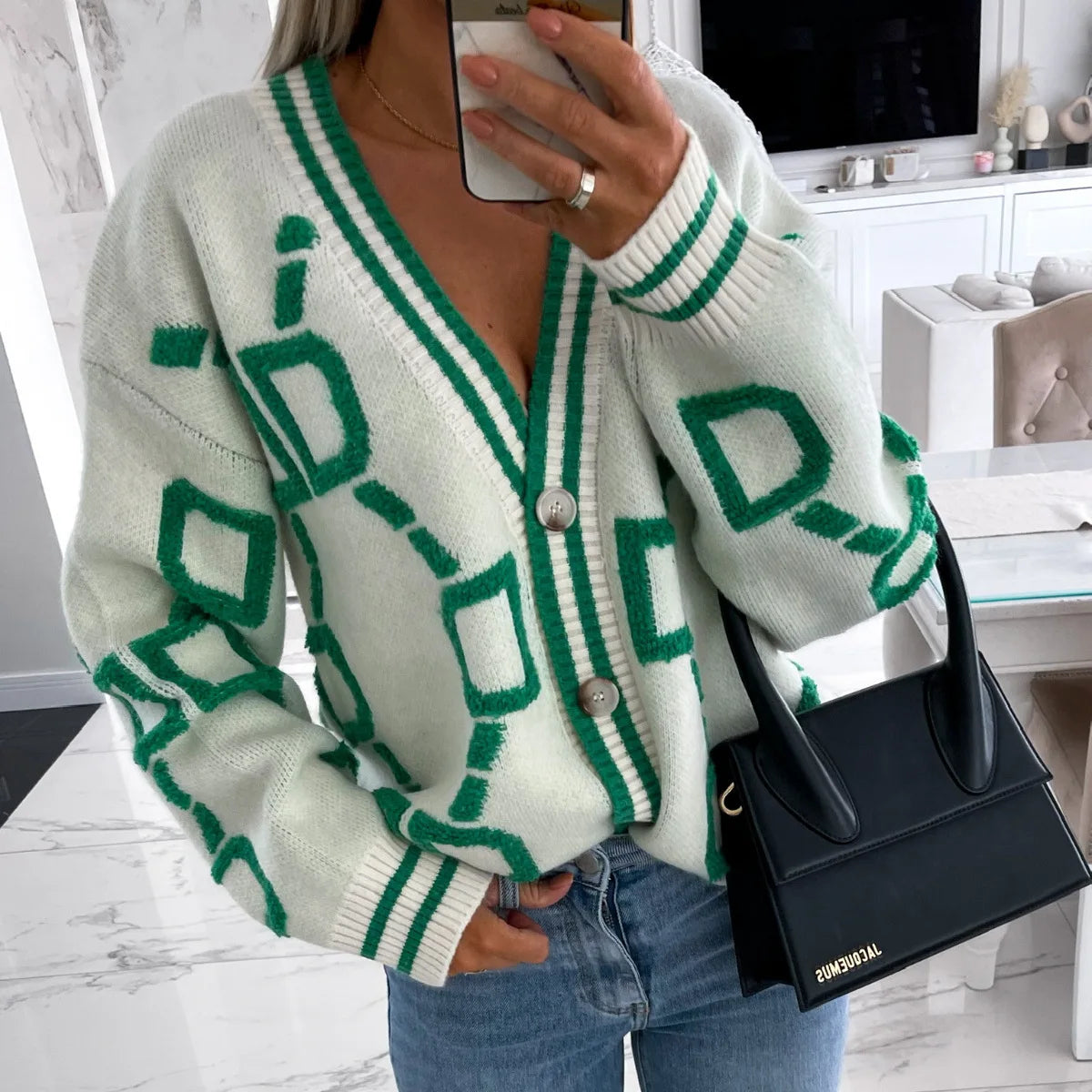 Autumn Winter Jacquard Knitted Coat Women Fashion V-neck Long Sleeve Single Breasted Knitting Cardigan Coats Female Streetwear