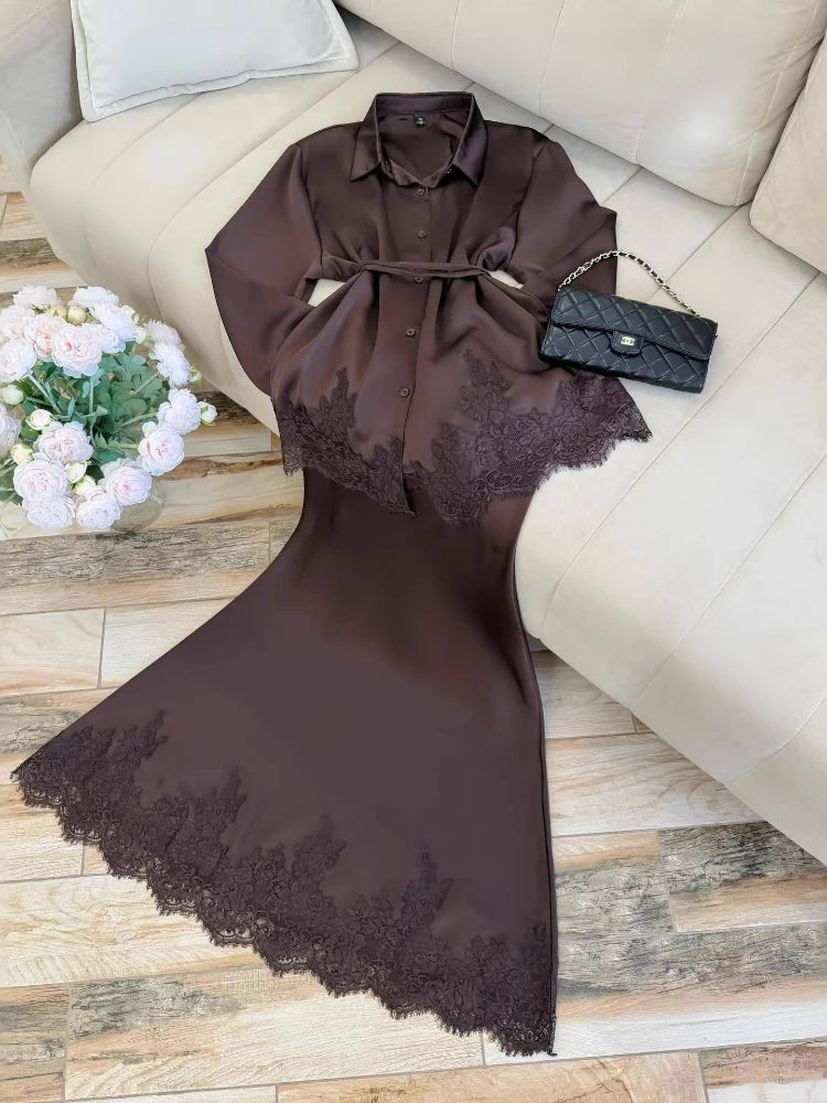 Women Two Piece Sets Skirt Set Turn Down Collar Lace Sexy Full Sleeve Tops Long Skirts High Waist Y2k Streetwear Elegant Work