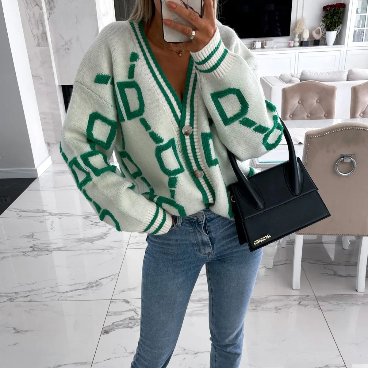 Autumn Winter Jacquard Knitted Coat Women Fashion V-neck Long Sleeve Single Breasted Knitting Cardigan Coats Female Streetwear