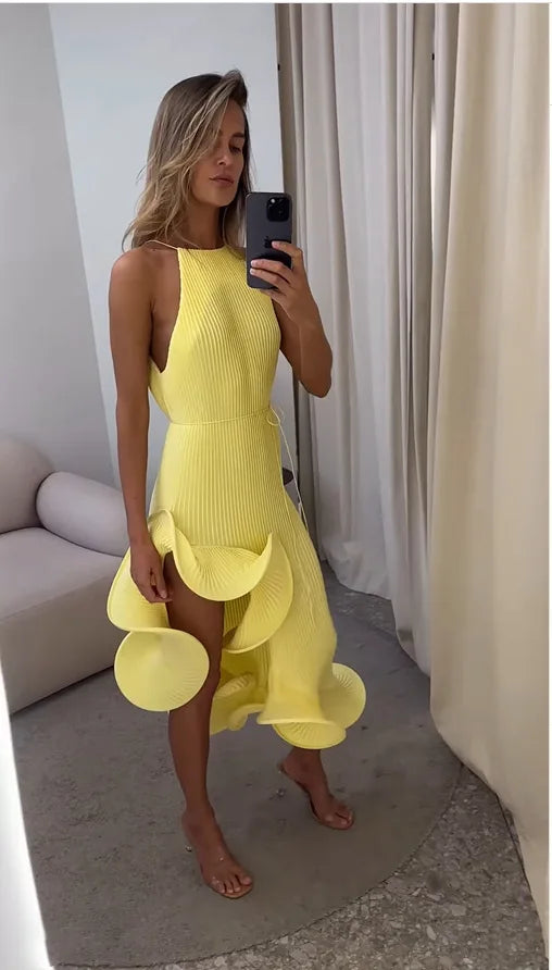 Beatrice High-Slit Ruffle Halter Dress
