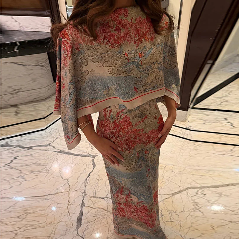 Tropical Leaf Print Cape Two Piece Set