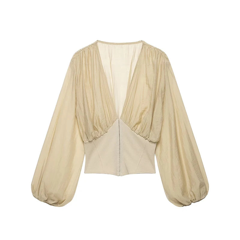 Puff Sleeve Women's Top Deep V Neck Patchwork Cropped Corset Blouse Ruched Shoulder Front Zipper Slim Waist Urban Daily Blouse