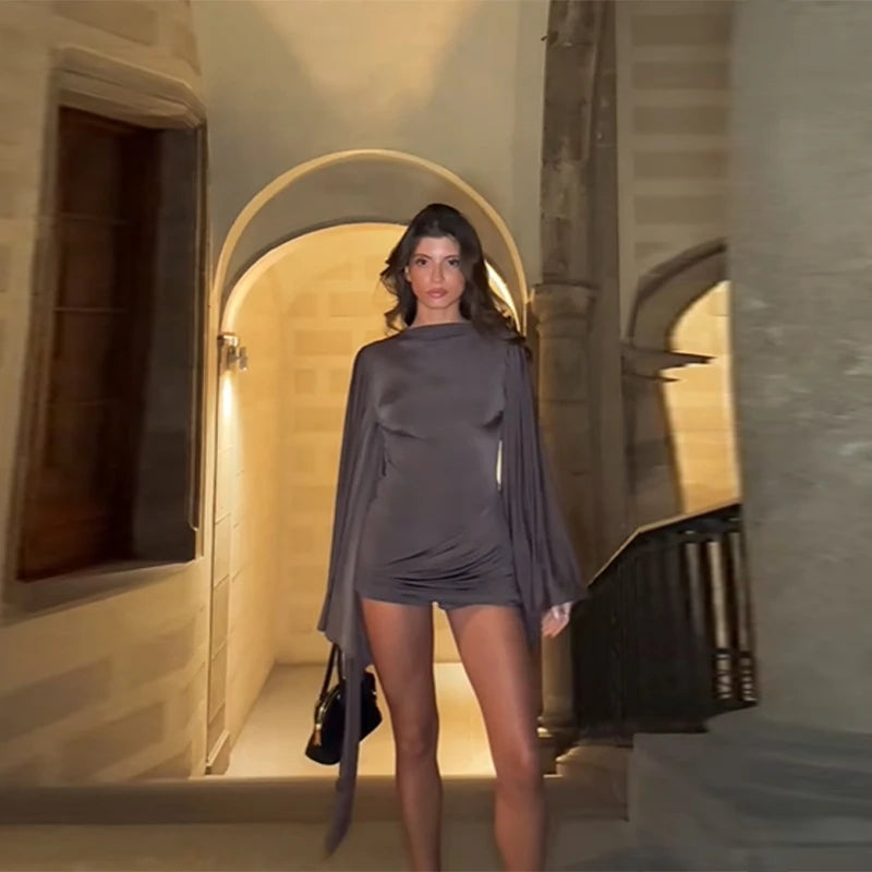 Draped Elegant Romper Batwing Sleeve Ruched Waist Tie Women Dresses Parties Date Nights Stylish Modest Female Evening Wear