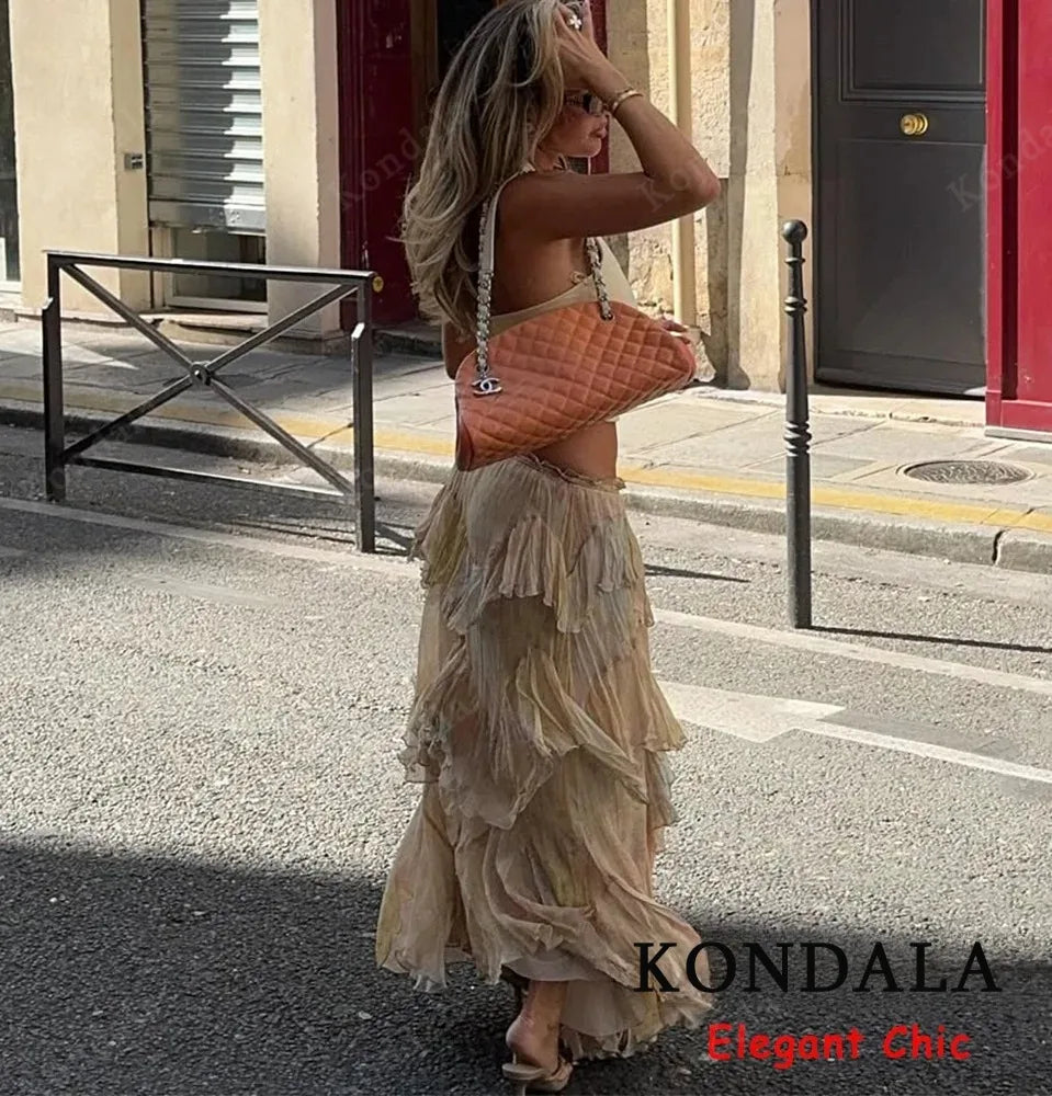 KONDALA Women Elegant Hippie Skirt Gradient Print Tiered Ruffled Long Skirts 2026 Summer Holiday High Street Boho Lady Skirts