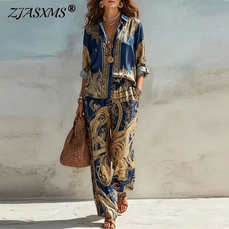 Bohemian Style Women's Pattern Print 2 Piece Set Long Sleeve Button Down Shirt and Wide Leg Pants Set New Casual Vacation Outfit
