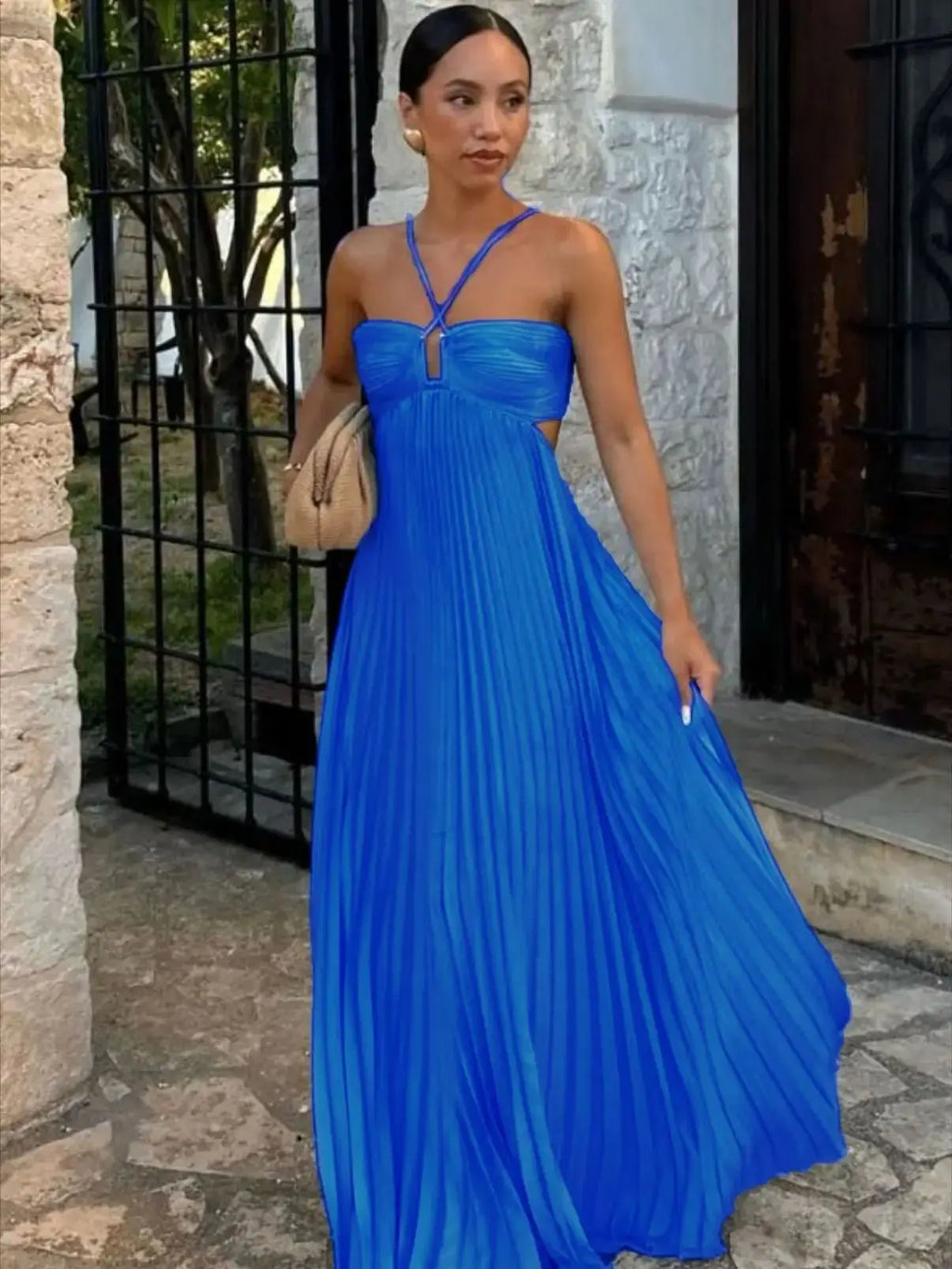 Pleated Halter Long Dress
