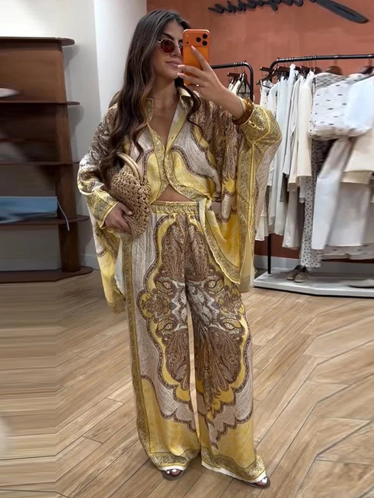 Paisley Print 2 Piece Set Batwing Long Sleeve Collared Button Down Blouse High Waist Wide Leg Trousers 2026 Summer Fashion Suit
