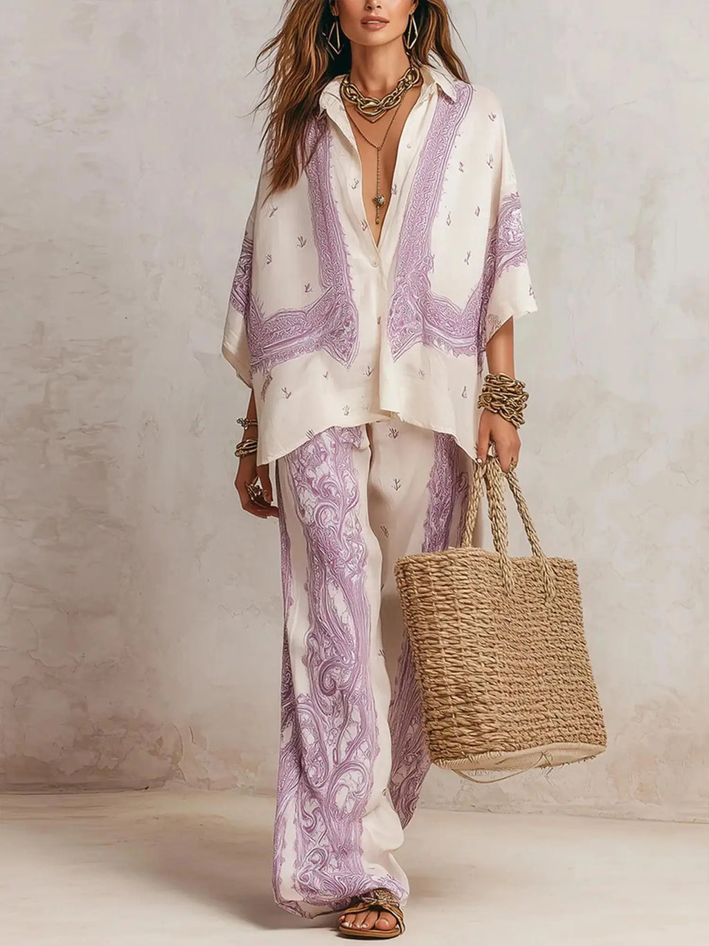 Summer Paisley Printing 2 Piece Set Women Elegant Lapel Long Sleeve Shirt Top & Wide Leg Pants Casual Loose Suit for Vacation