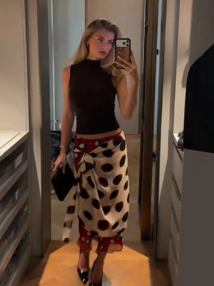Two Tone Polka Dot Chiffon Wrap Skirt Women Tie Waist Asymmetric Hem Layered Midi Skirt For Summer Beach Vacation Casual Wear