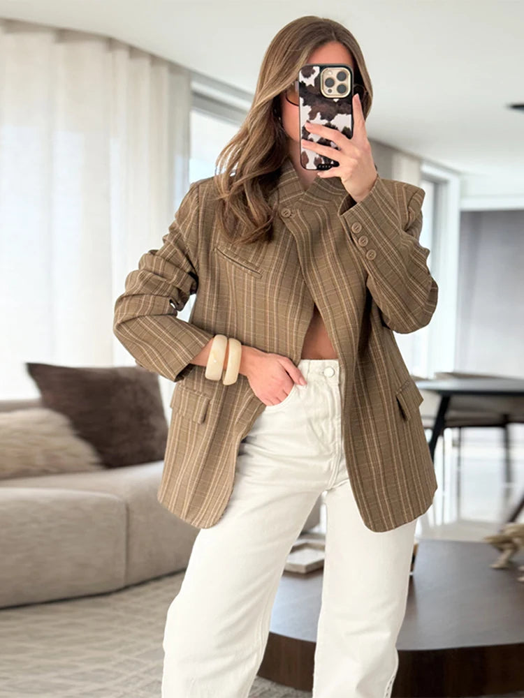 Casual Striped Blazer Women Standneck Shoulder Pad Long Sleeves One Button Pockets Coats Female 2026 Spring New Chic Outwears