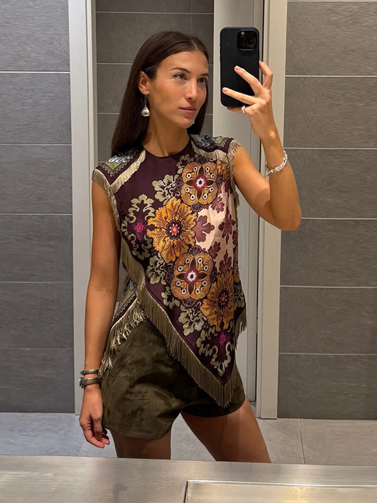 Nora Boho Floral Fringe Top