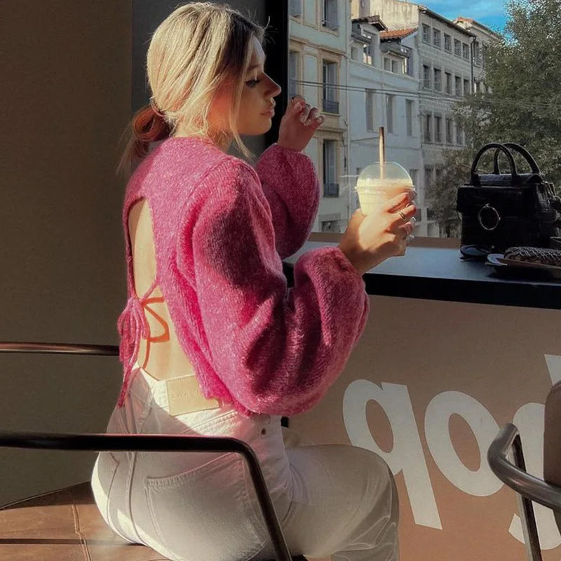 Women's Pink Lace-up Backless Knitted Sweater Cozy Long Sleeve Large Size Pull Knitwears Loose Pullovers Top White Fall 2025 New