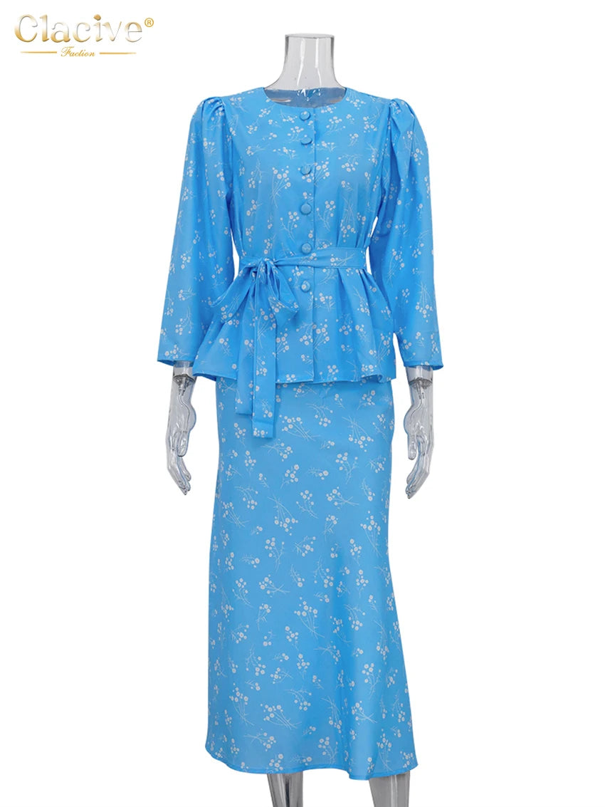 Clacive Fashion Loose Print Women Two Pieces Set 2025 Elegant Long Sleeve Shirt With High Waist Long Skirt Set Female Streetwear