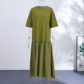 Loose Patchwork Women's Pleated Dresses Fashion Short Sleeve O-neck Long Robes 2026 Summer New Female Elegant Casual Dress