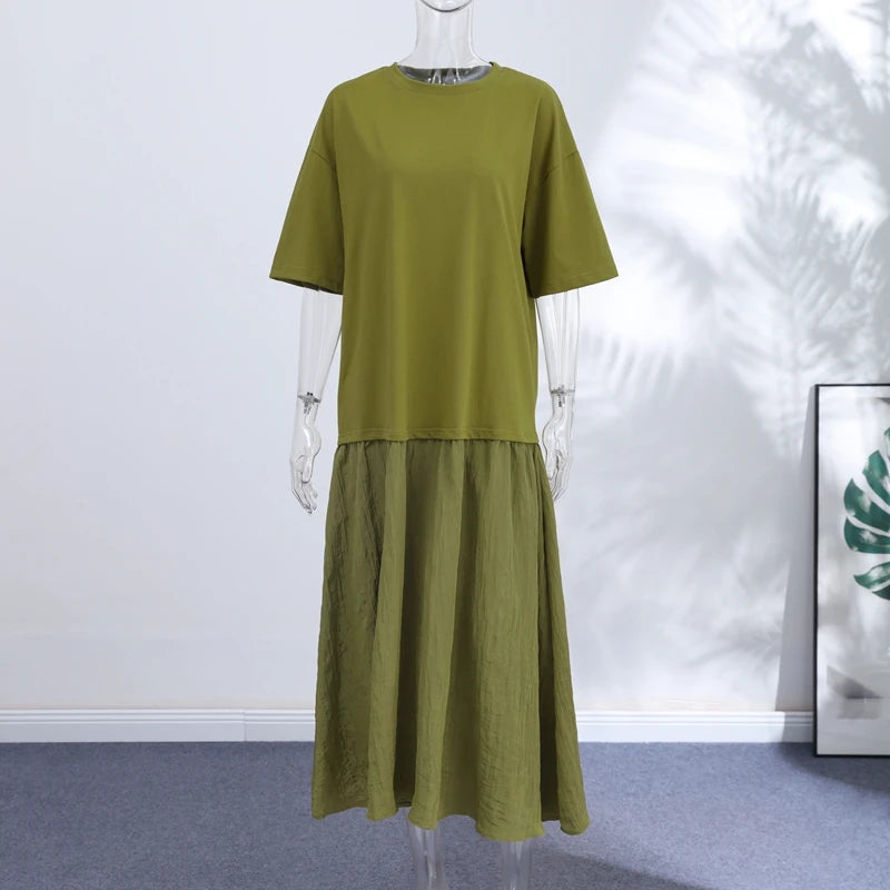 Loose Patchwork Women's Pleated Dresses Fashion Short Sleeve O-neck Long Robes 2026 Summer New Female Elegant Casual Dress