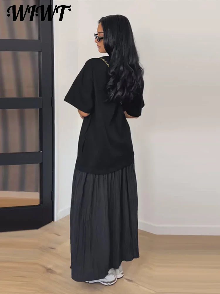 Loose Patchwork Women's Pleated Dresses Fashion Short Sleeve O-neck Long Robes 2026 Summer New Female Elegant Casual Dress