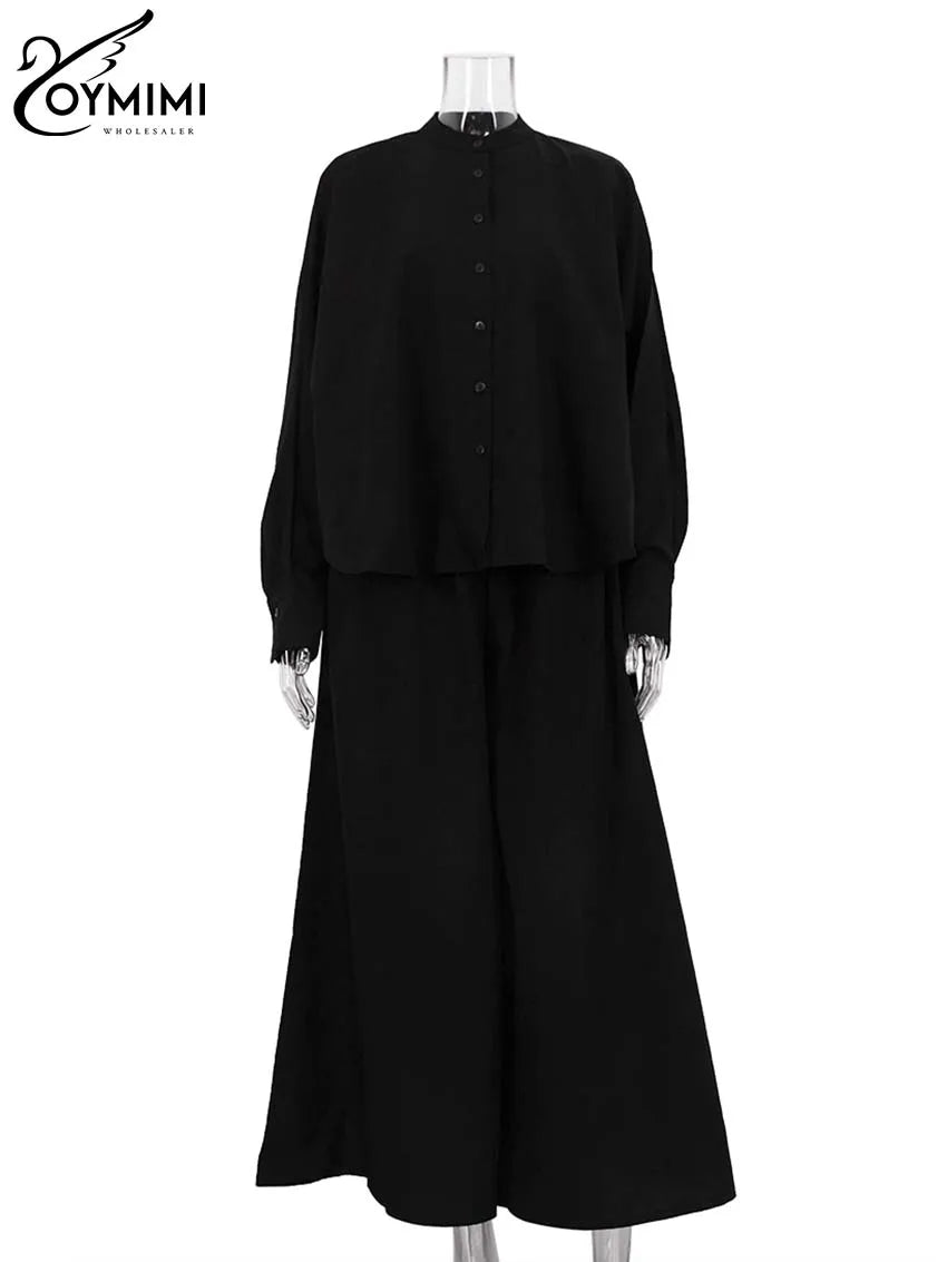Oymimi Fashion Black Two Piece Set For Women Casual O-Neck Long Sleeve Button Shirts And High Waist Loose Pockets Trousers Sets