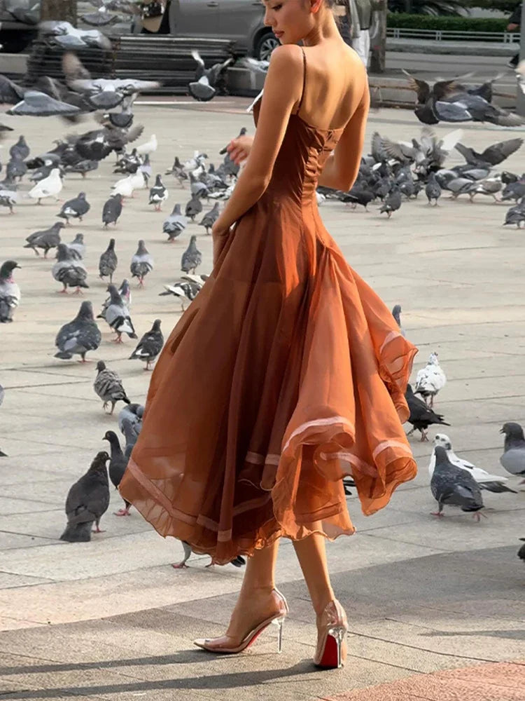 Chic Chiffon Women's Dress Sleeveless Spaghetti Strap Ruffle Hem A-line Gown Female 2026 Elegant Summer Lady Vacation Party Robe