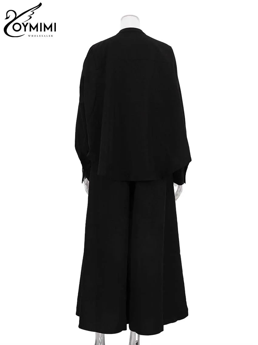 Oymimi Fashion Black Two Piece Set For Women Casual O-Neck Long Sleeve Button Shirts And High Waist Loose Pockets Trousers Sets