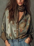 Retro Floral Print Loose Blouse Women Leopard Splice Lapel Button Long Sleeve Satin Shirts Casual Beach Bohemian Tops with Scarf