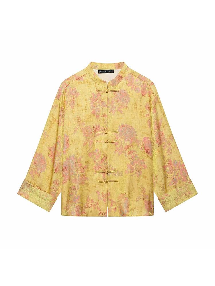 Women Yellow Floral Printing 2-Piece Set Women Stand Collar Long Sleeve Shirt + High Waist Wide Leg Pants Loose Lady Suit