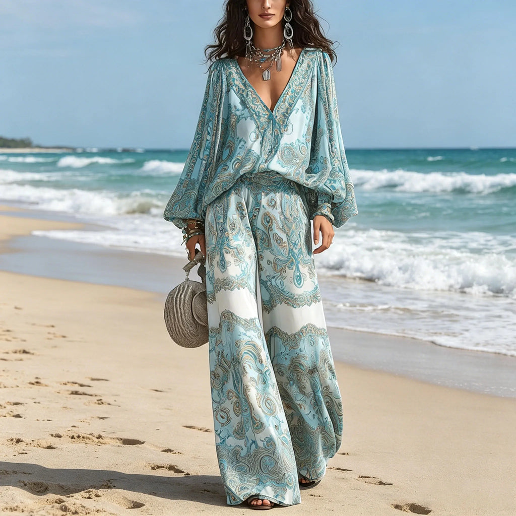 Women's Boho Paisley Print Two-Piece Set Sexy Deep V-Neck Long Sleeve Blouse Top Wide Leg Pants Casual Loose Suit for Vacation
