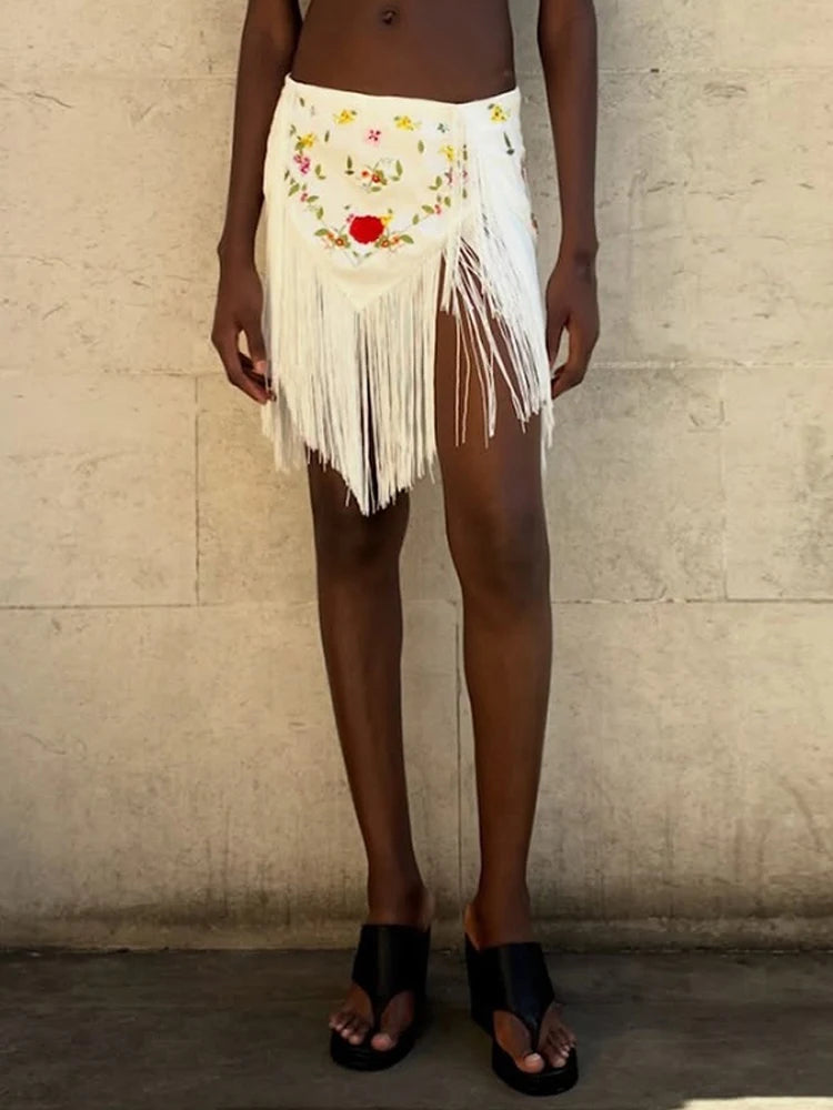 Women's Embroidery Tassel Mini Skirt Chic Patchwork Low Waist Irregular Tassel Skirts 2026 Summer Vacation Casual Street Outfits