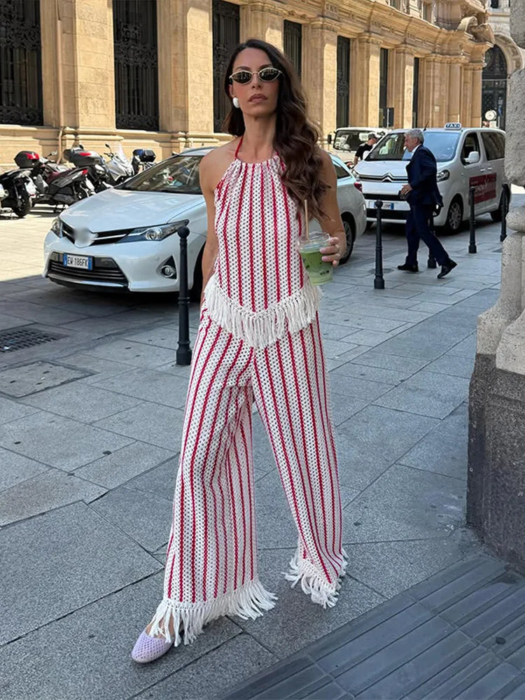 Color Contrast Stripes Knit Tassel Set Hollow Cutout Halter Neck Tie Cami Top Wide Leg Pants Women Fashion 2026 Autumn Outfits
