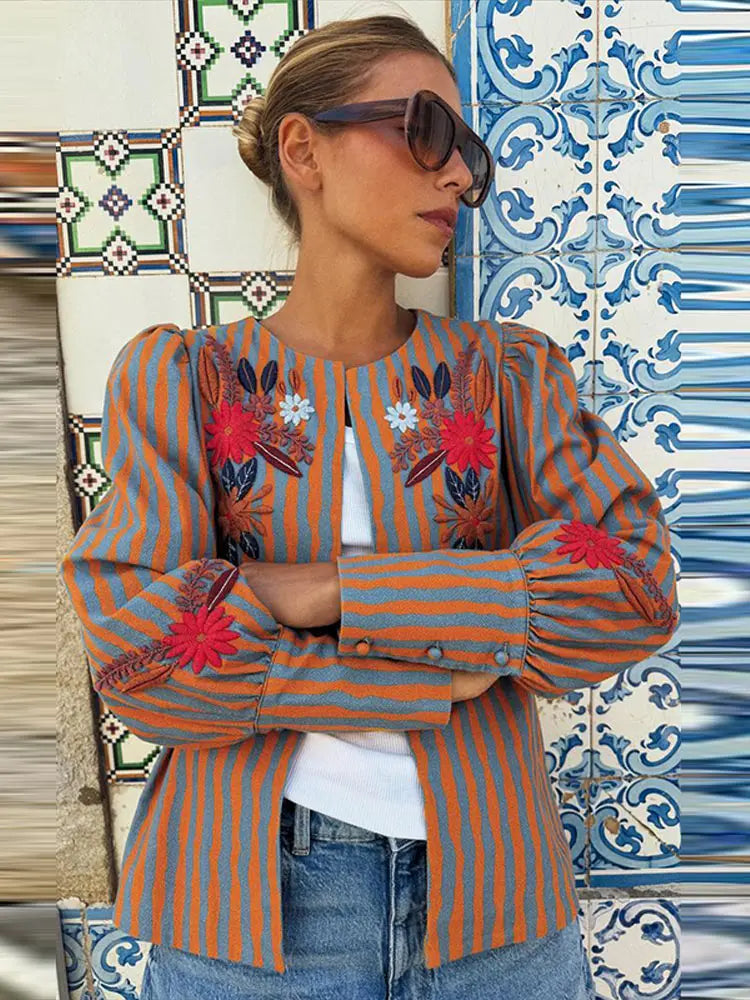 Ines Striped Floral Embroidered Jacket