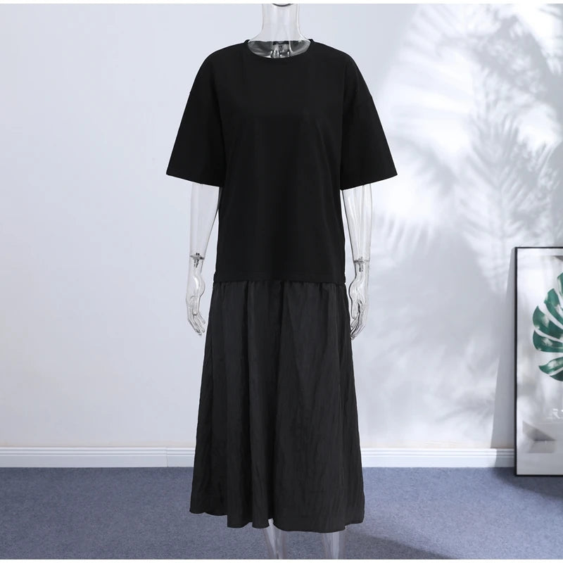 Loose Patchwork Women's Pleated Dresses Fashion Short Sleeve O-neck Long Robes 2026 Summer New Female Elegant Casual Dress