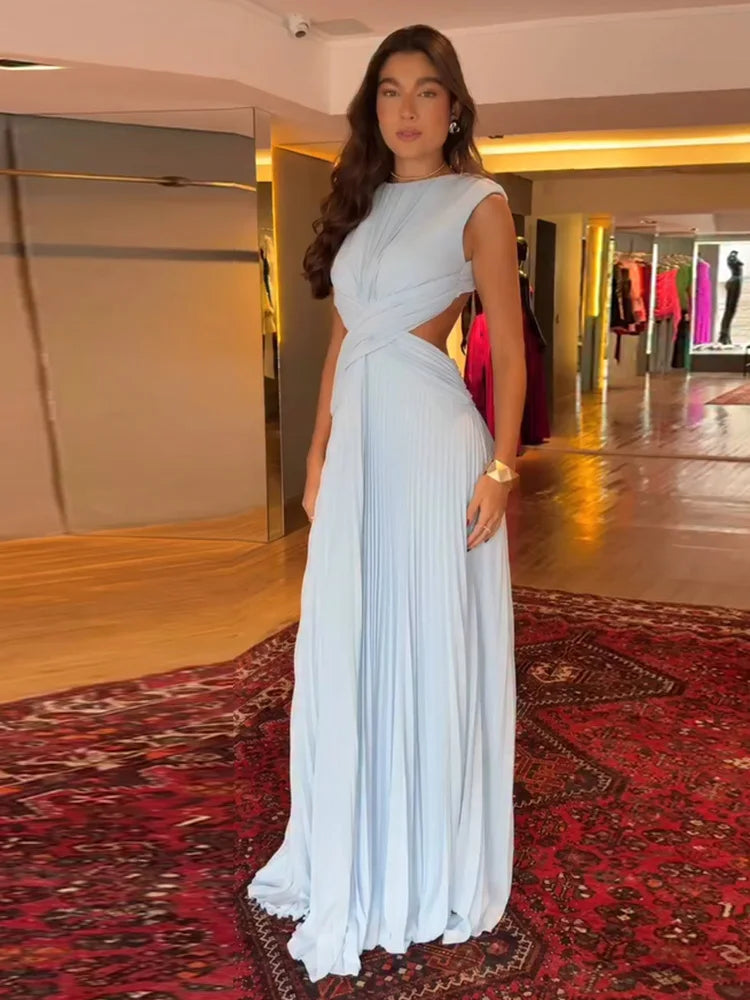 Pleated Sleeveless Backless Dress