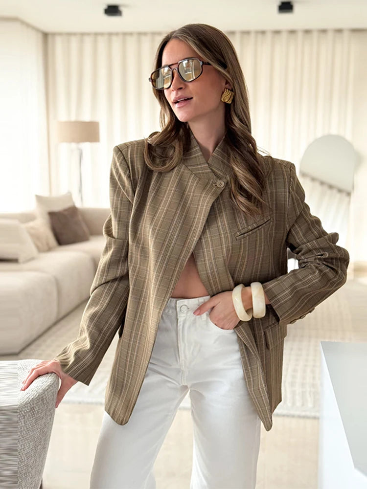 Casual Striped Blazer Women Standneck Shoulder Pad Long Sleeves One Button Pockets Coats Female 2026 Spring New Chic Outwears