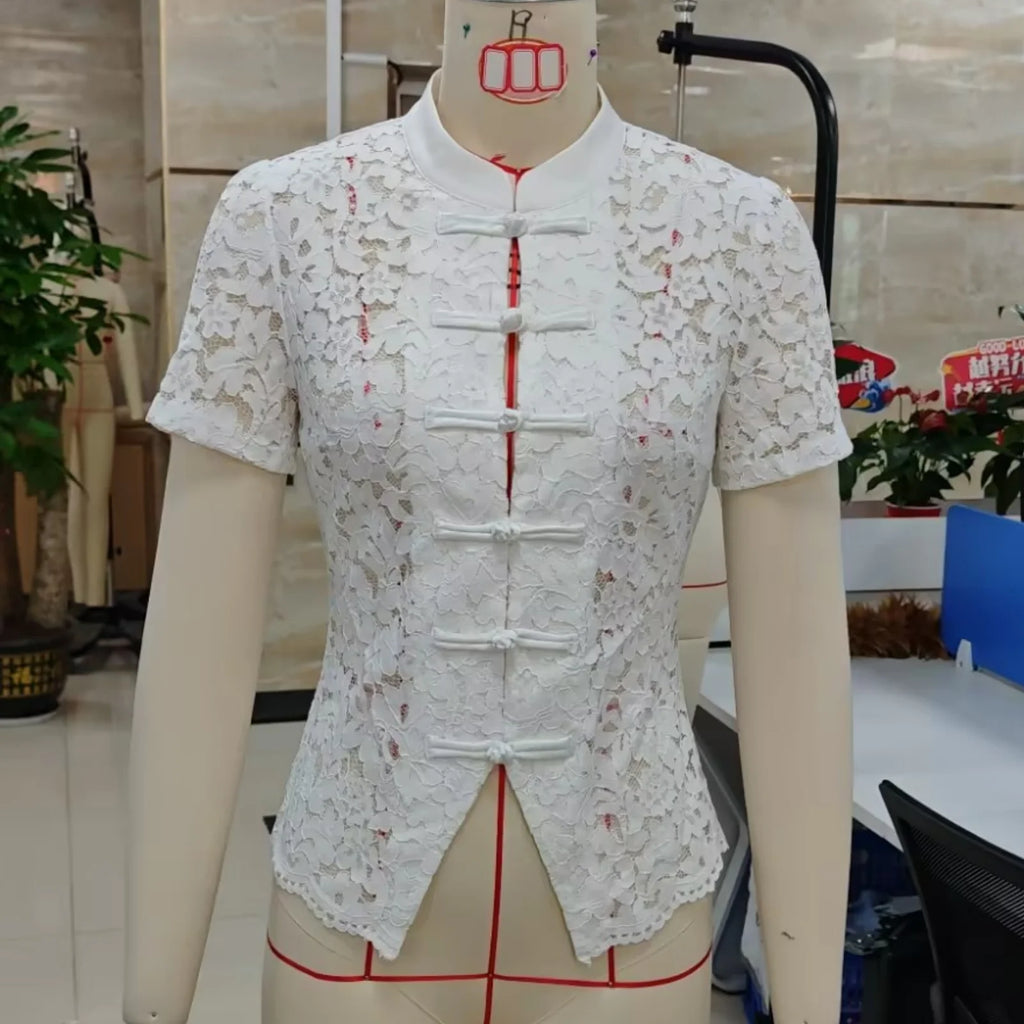 Women's Summer Short Sleeve Mandarin Collar Button Up Shirt Elegant Floral Lace Front Frog Button Closures Mesh Top for Party