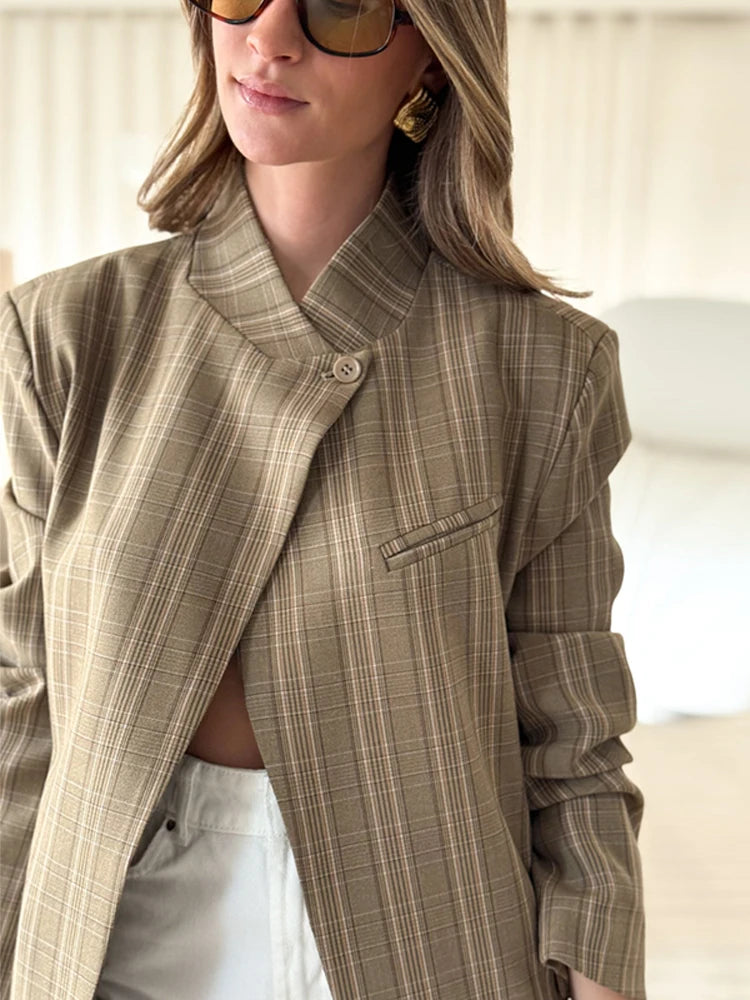 Casual Striped Blazer Women Standneck Shoulder Pad Long Sleeves One Button Pockets Coats Female 2026 Spring New Chic Outwears
