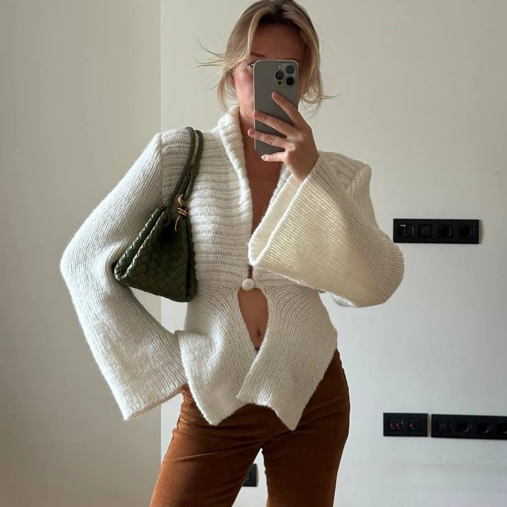Tuularose Autumn Knit Cardigan Women's New Vintage Hollow Out Long-Sleeved Sweater 2025 Casual Streetwear White Knit Top Female