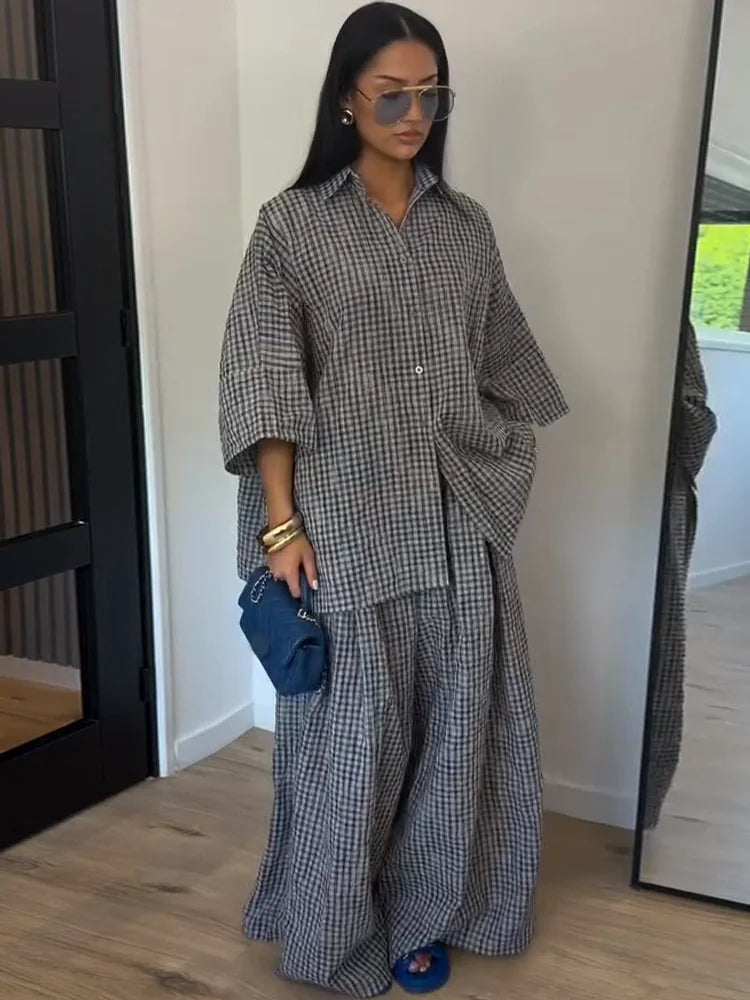 Casual Women's Set Three Quarter Sleeve Plus Size Single Breasted Tops Wide Leg Pants 2026 Summer Plaid Women 2-piece Sets