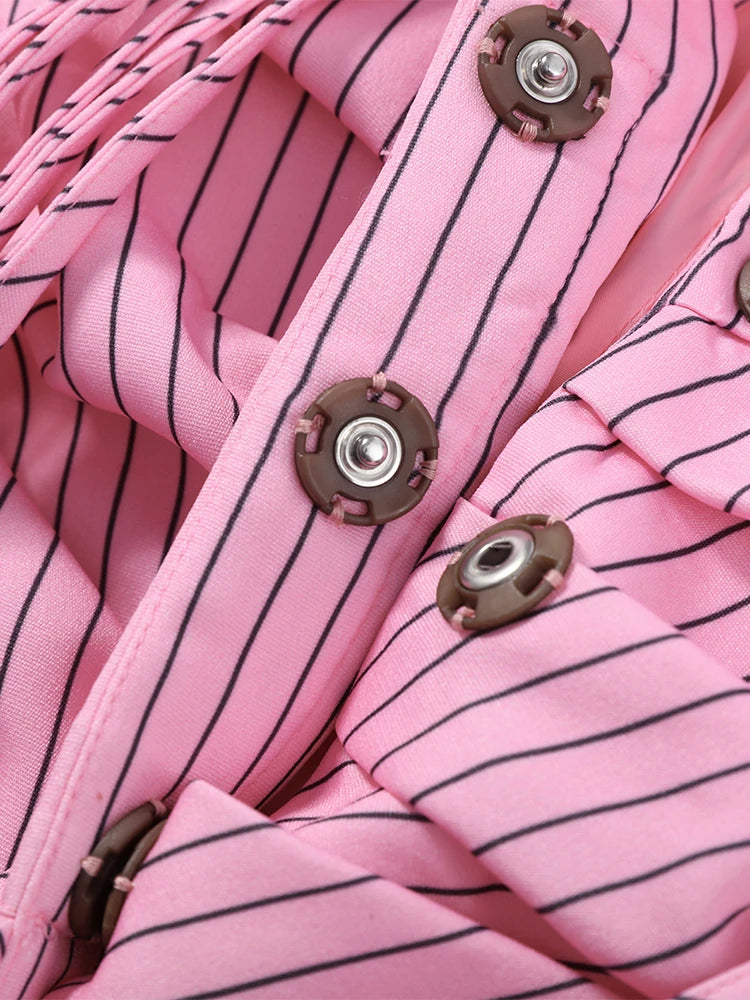 Chic Women Striped Shirt Lace Up Lapel Ruffles Long Seeve Covered Buttons Female Blouse Fashion Solid Office Outwear 2026 Spring