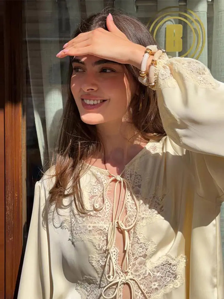 Satin Lace Patchwork Shirt Shorts Suit Women V-neck Full Sleeve Hollow Out Lace Up Shirts Shorts Set 2026 Summer Casual Outfits
